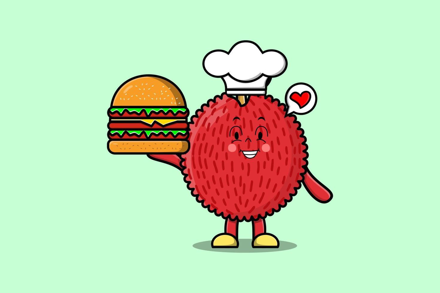 personnage de dessin animé mignon litchi chef tenant burger vecteur