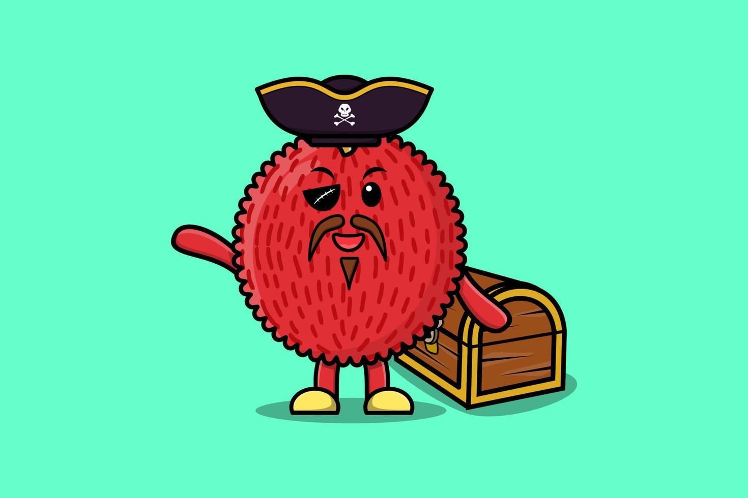 pirate de litchi de dessin animé mignon avec boîte au trésor vecteur