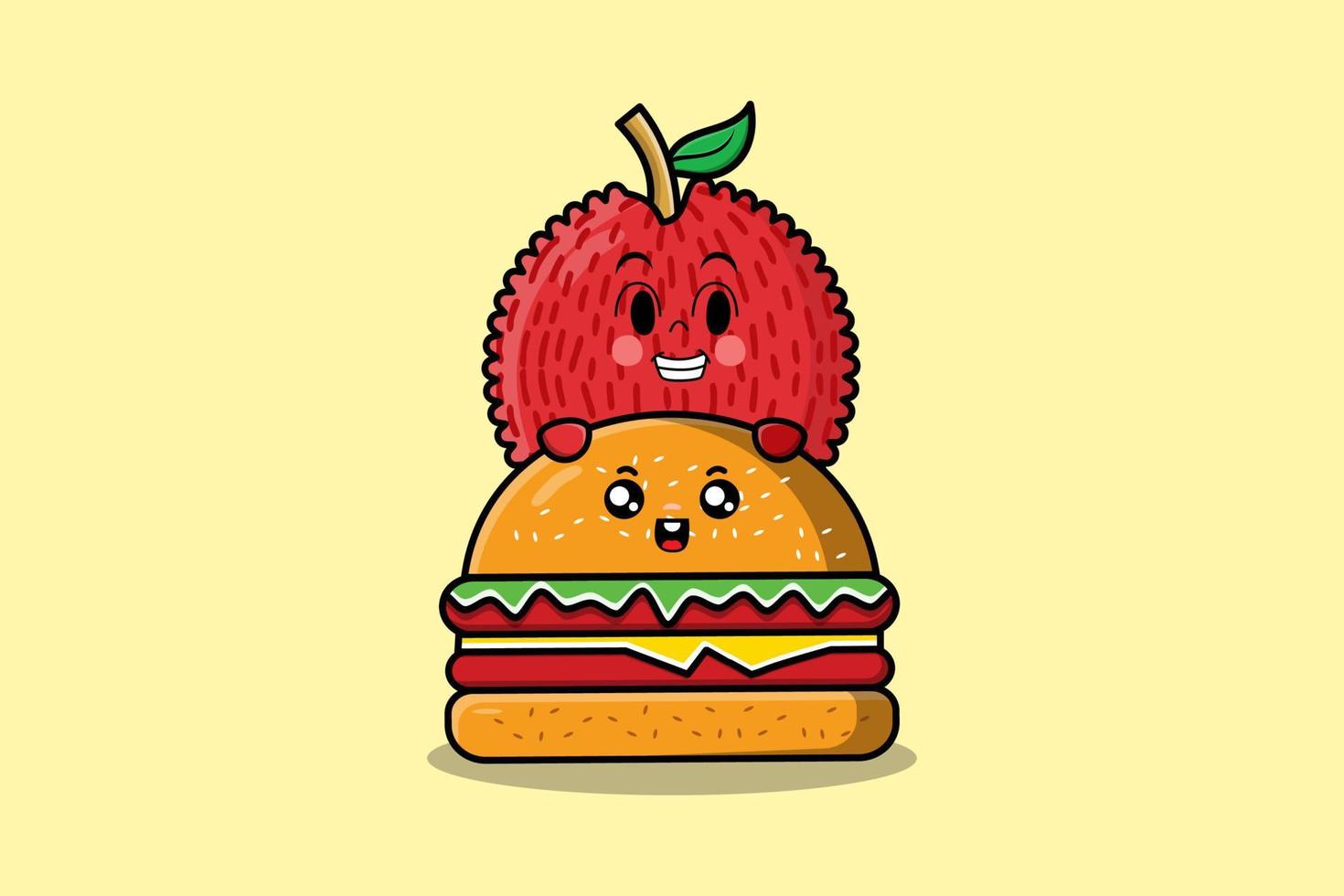 personnage de dessin animé mignon de litchi se cachant dans un hamburger vecteur