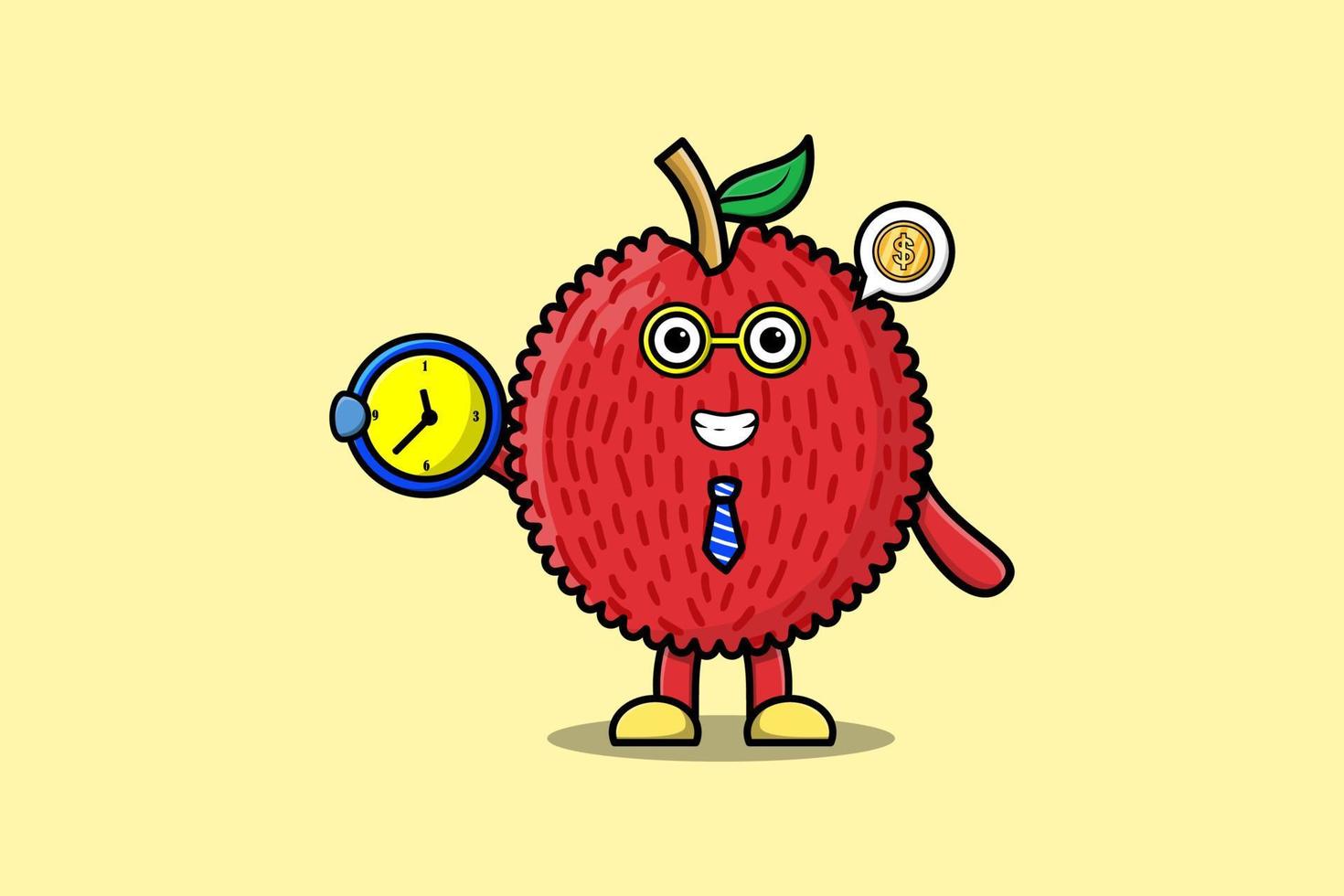 mignon, dessin animé, litchi, caractère, tenue, horloge vecteur