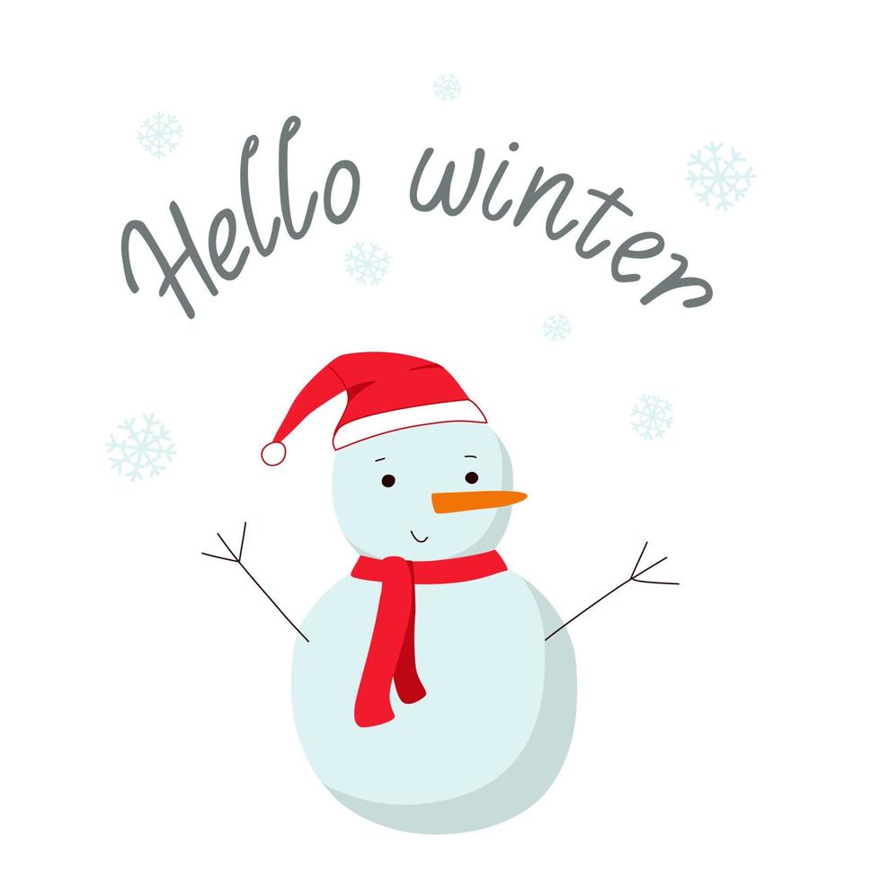 bonhomme de neige en chapeau de père noël avec écharpe et illustration vectorielle de bras tendus. caractère saisonnier d'hiver. vecteur