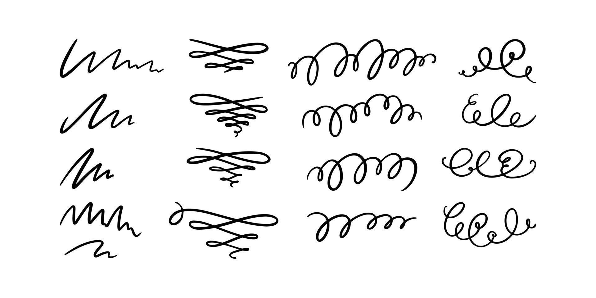 lignes de gribouillis et tourbillon. ensemble de tourbillons calligraphiques dessinés à la main. illustration vectorielle vecteur