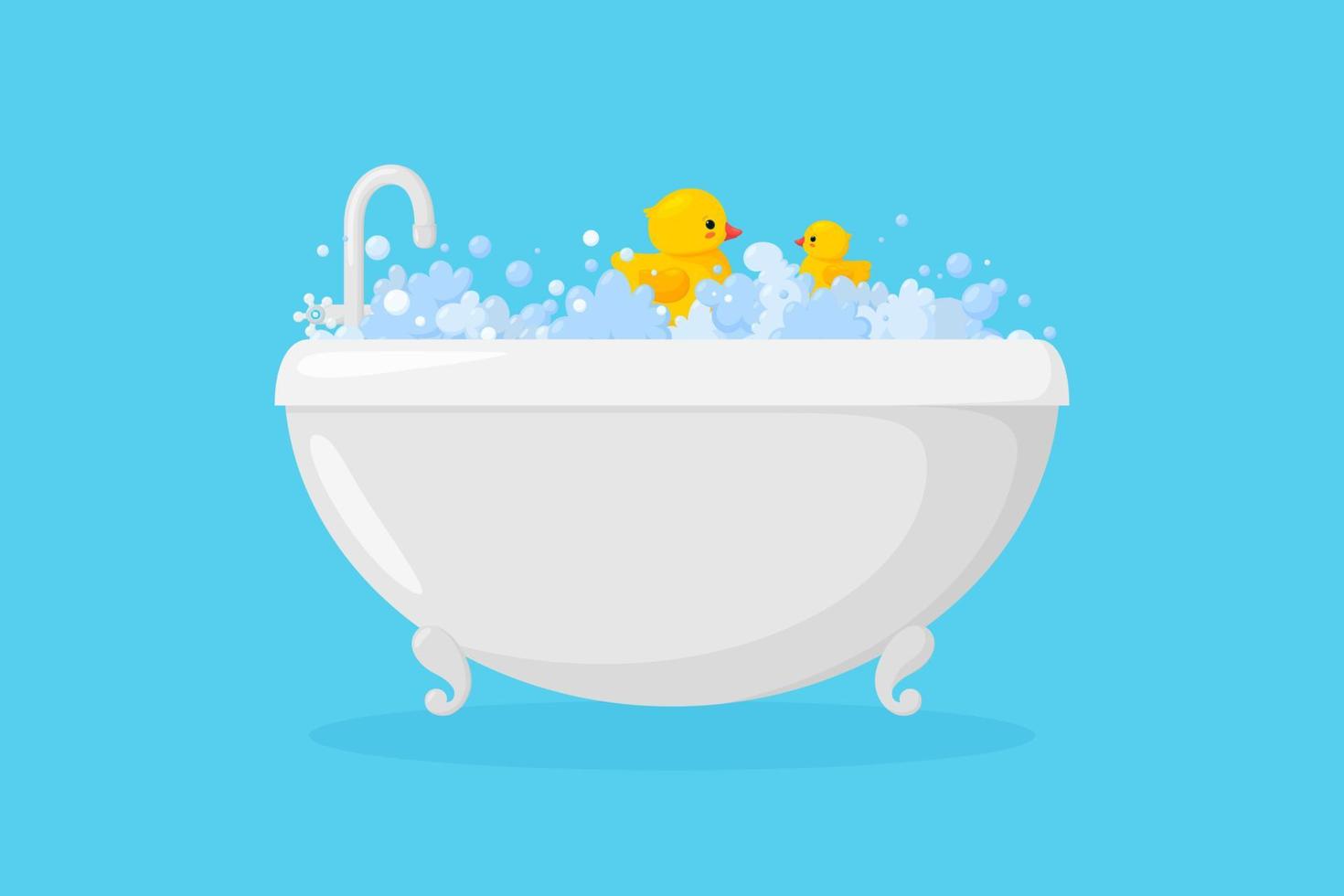 baignoire avec canards en plastique dans la mousse. canards jaunes dans des bulles et de la mousse isolées sur fond bleu. illustration vectorielle vecteur