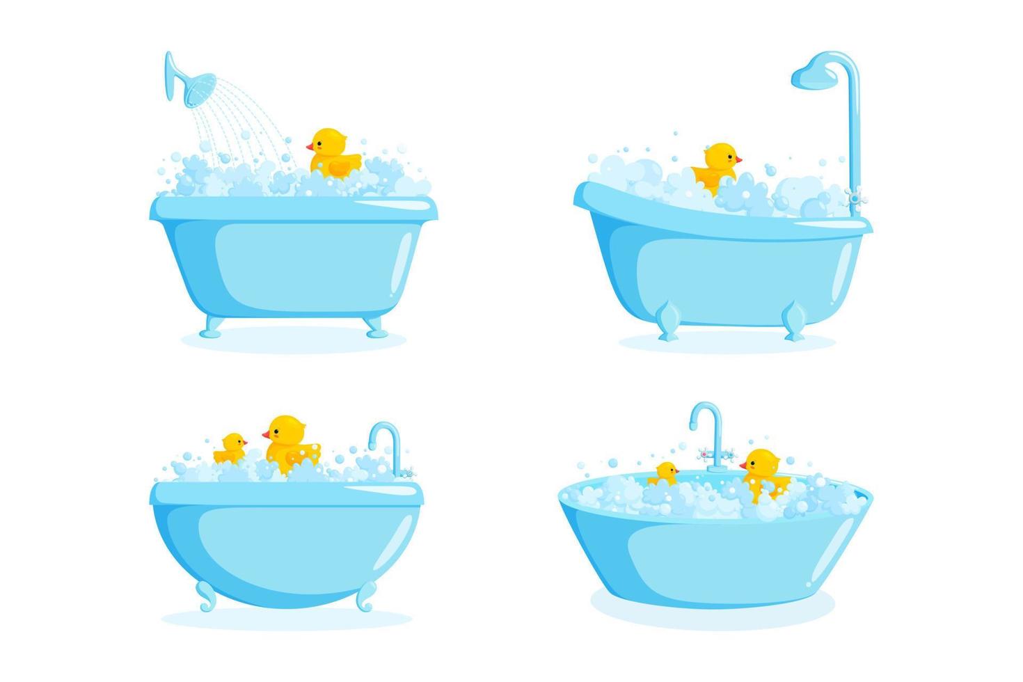 baignoire avec robinet et équipement de douche. ensemble de baignoires différentes avec canards en caoutchouc, bulles et mousse isolés sur fond blanc. illustration vectorielle vecteur