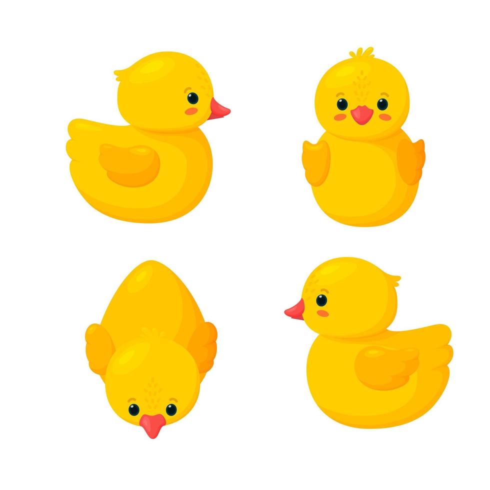 canards en caoutchouc pour la baignade. ensemble de quatre canards en plastique jaune isolés sur fond blanc. illustration vectorielle vecteur