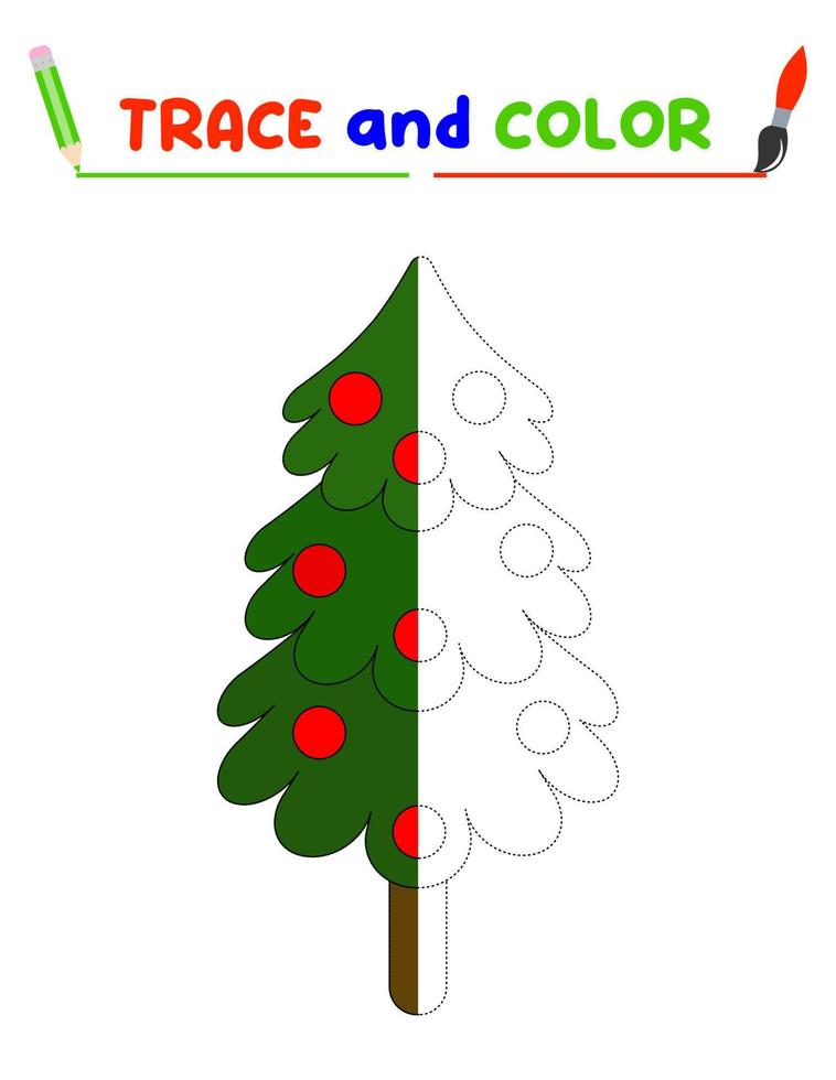 trace et colorie le sapin de noël. une feuille de formation pour les enfants d'âge préscolaire.tâches éducatives pour les enfants. livre de coloriage tigre vecteur