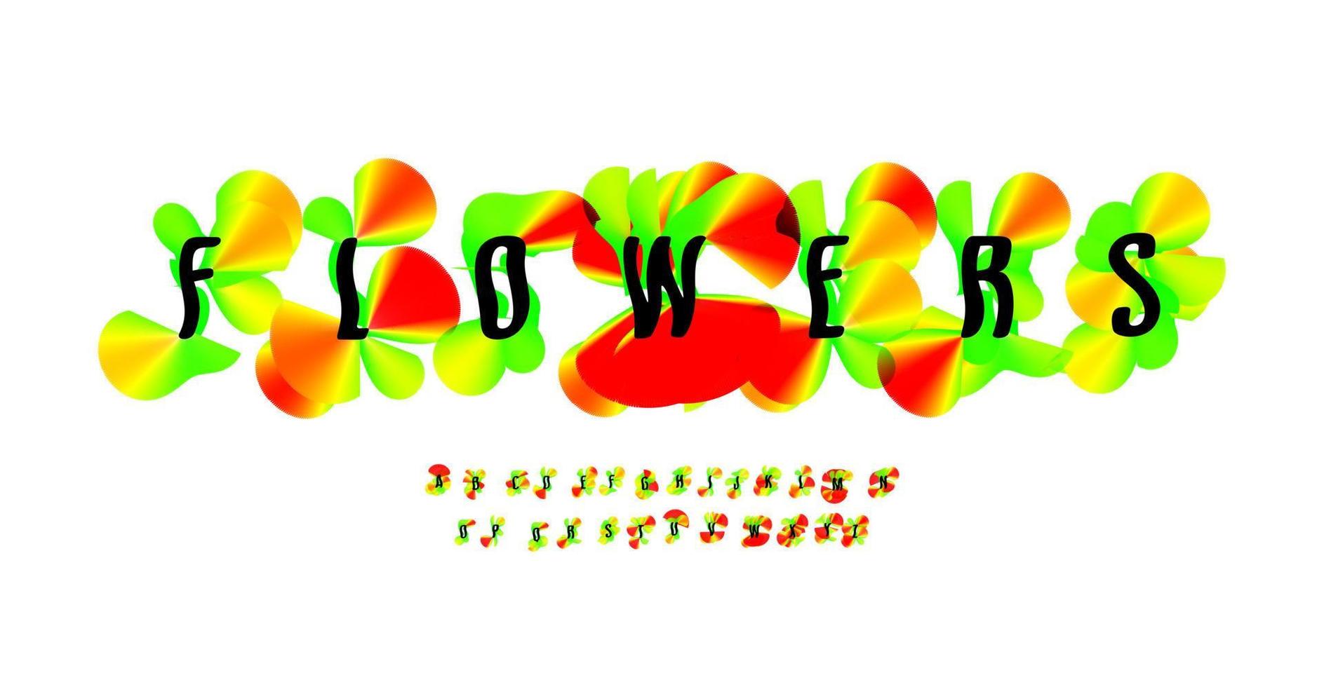 police abstraite de fleurs de pavot, alphabet de taches de dégradé futuriste. lettres aux couleurs vives avec éclaboussures colorées pour le logo, le monogramme, le titre de style art fluide. composition vectorielle isolée. vecteur