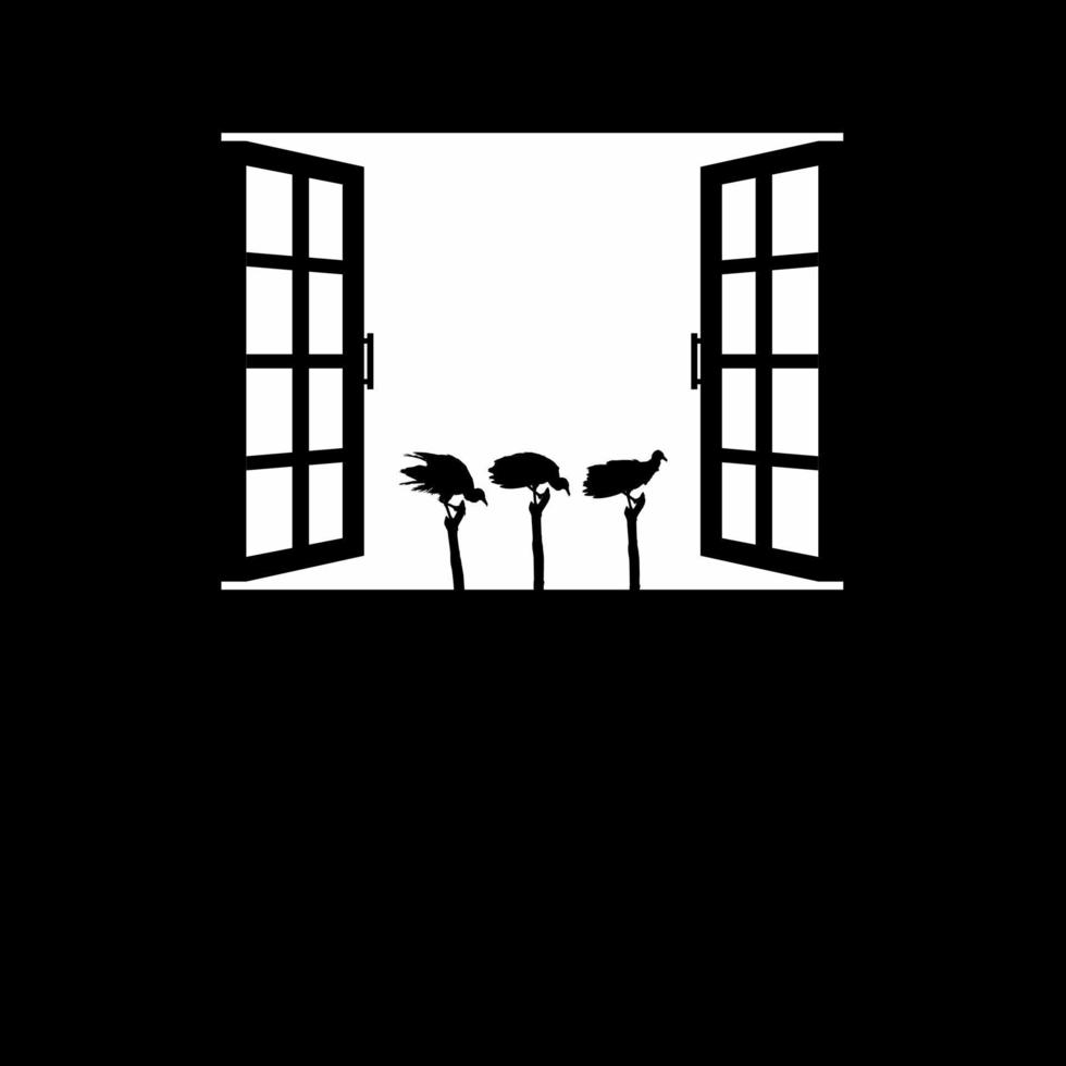 troupeau de l'oiseau vautour noir sur la silhouette de la fenêtre. illustration effrayante, d'horreur, effrayante, mystérieuse ou criminelle. illustration pour l'élément de conception d'affiche de film d'horreur ou d'halloween. illustration vectorielle vecteur
