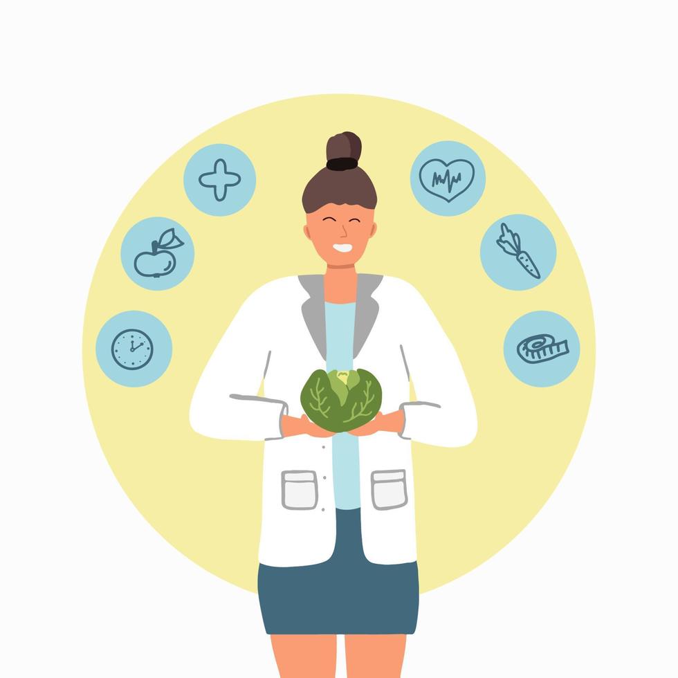 une nutritionniste féminine avec une tête de laitue dans les mains. nutrition adéquat. recommandations nutritionnelles. illustration vectorielle vecteur