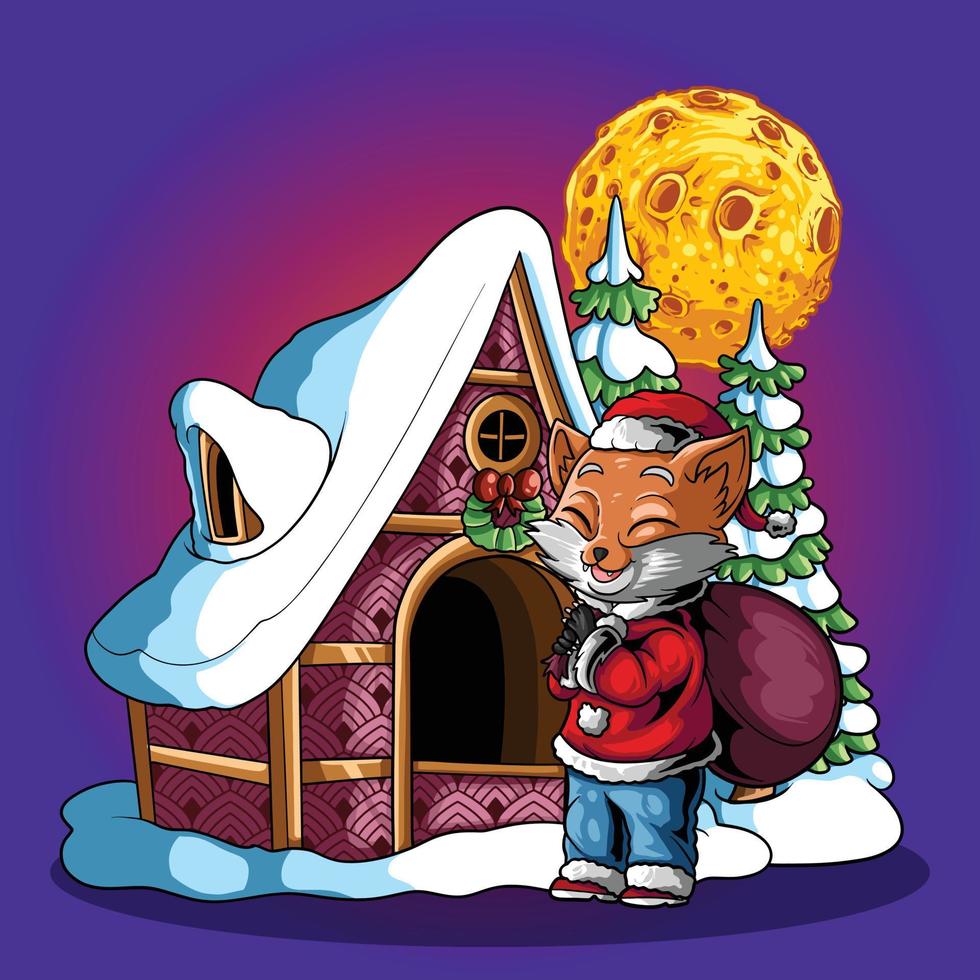 renard avec cadeau la nuit maison de noël vecteur