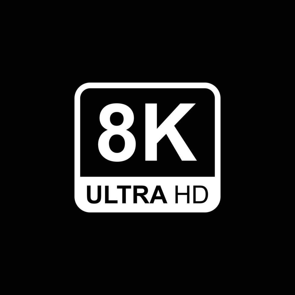 eps10 vecteur blanc icône 8k ultra ou uhd 2160p isolée sur fond noir. symbole de résolution haute définition 8k dans un style moderne et plat simple pour la conception, le logo et l'application mobile de votre site Web