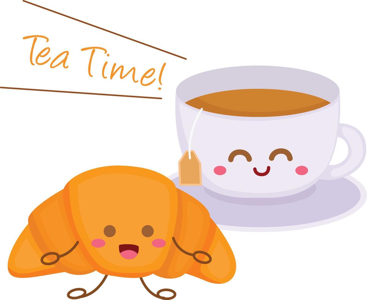 mignon petit déjeuner matin nourriture pâtisserie et thé illustration vecteur clipart