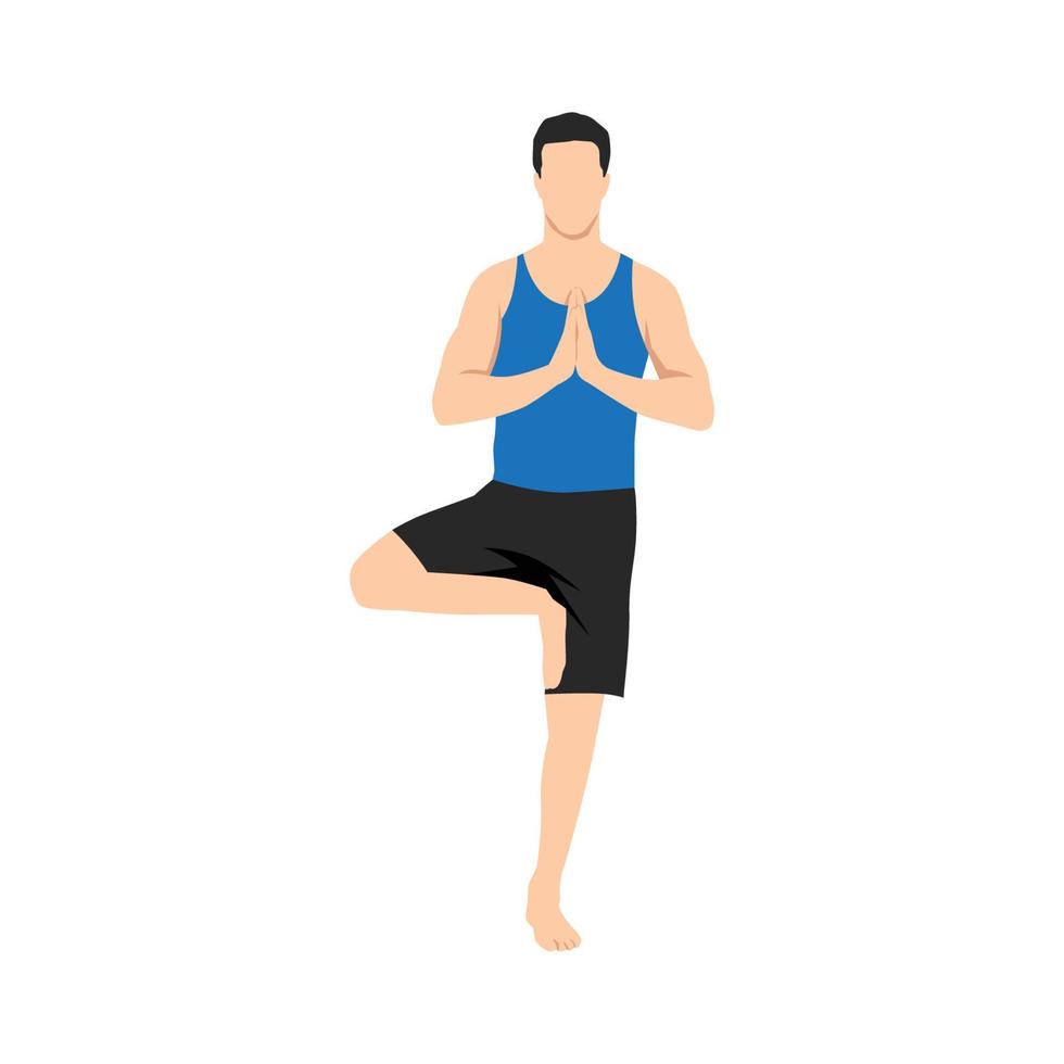 jeune homme pratiquant le yoga avec pose d'arbre, vrksasana asana, debout sur une jambe. illustration de vecteur plat isolé sur fond blanc