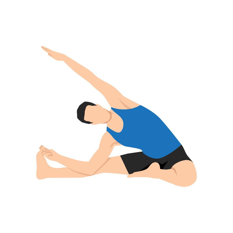 homme faisant parivrrta janu sirsasana ou tête tournée du genou pose l'exercice. illustration de vecteur plat isolé sur fond blanc