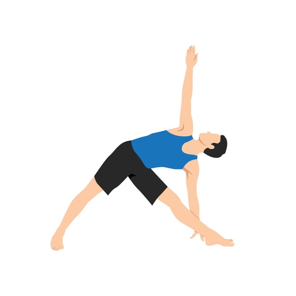 homme faisant une pose de yoga en triangle tourné. parivrtta trikonasana. illustration de vecteur plat isolé sur fond blanc