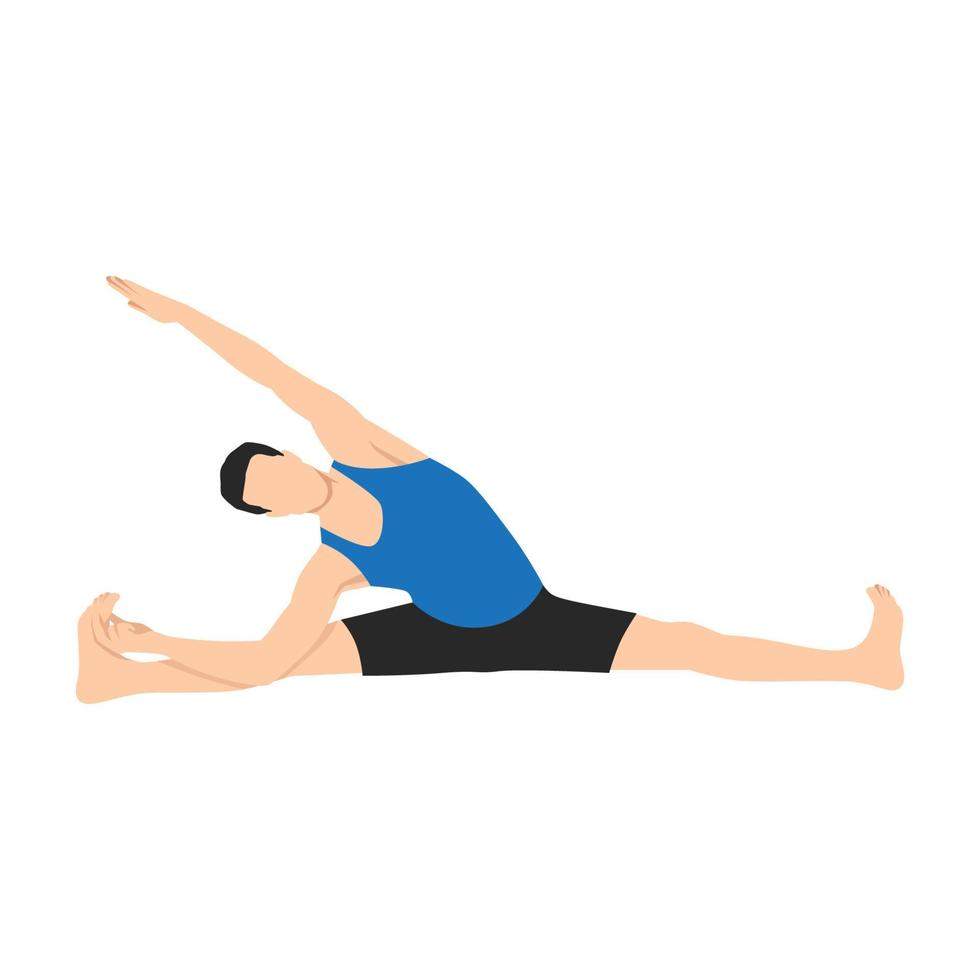 homme faisant assis côté grand angle pose parsva upavistha konasana exercice. illustration de vecteur plat isolé sur fond blanc