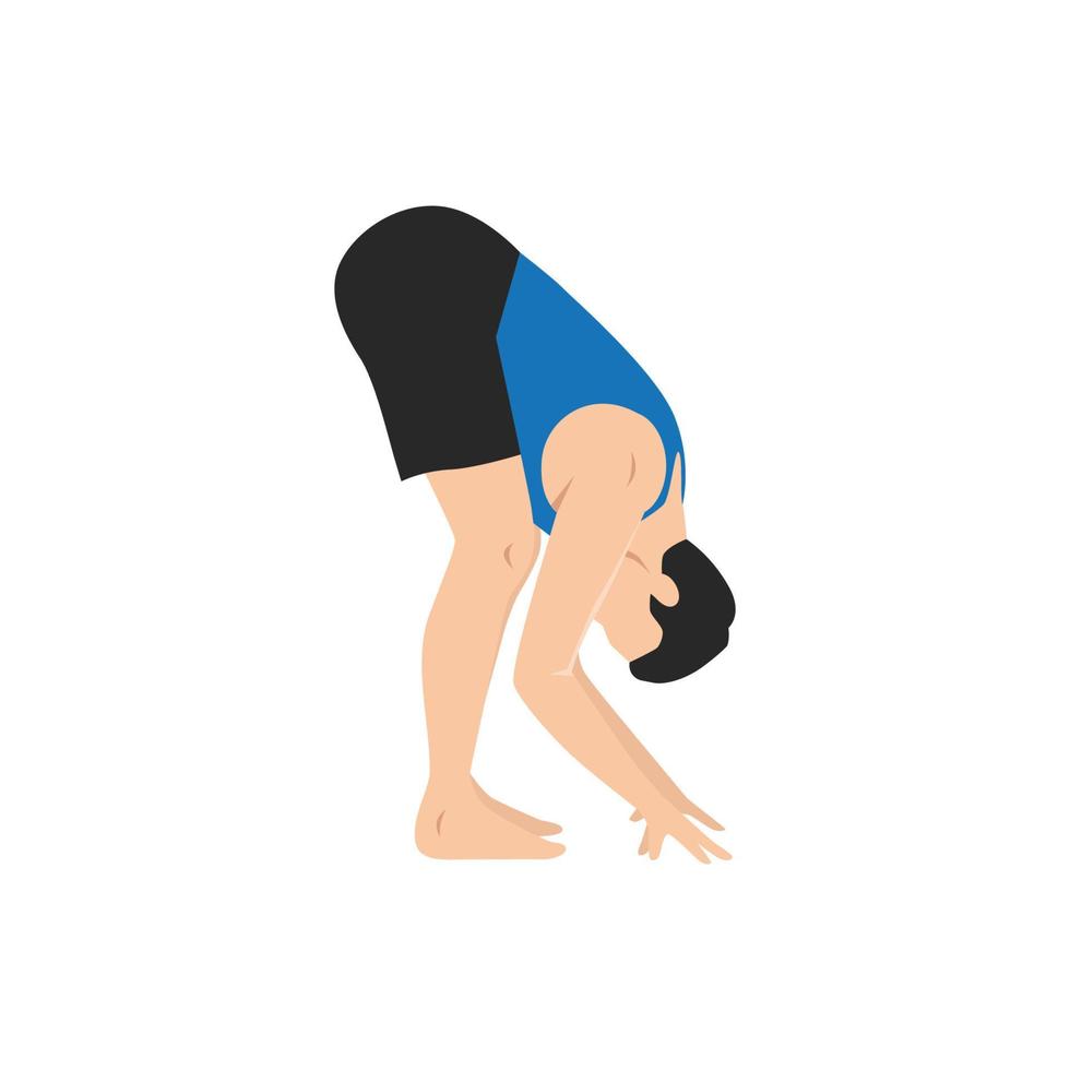 homme faisant un virage debout vers l'avant pose l'exercice uttanasana. illustration de vecteur plat isolé sur fond blanc