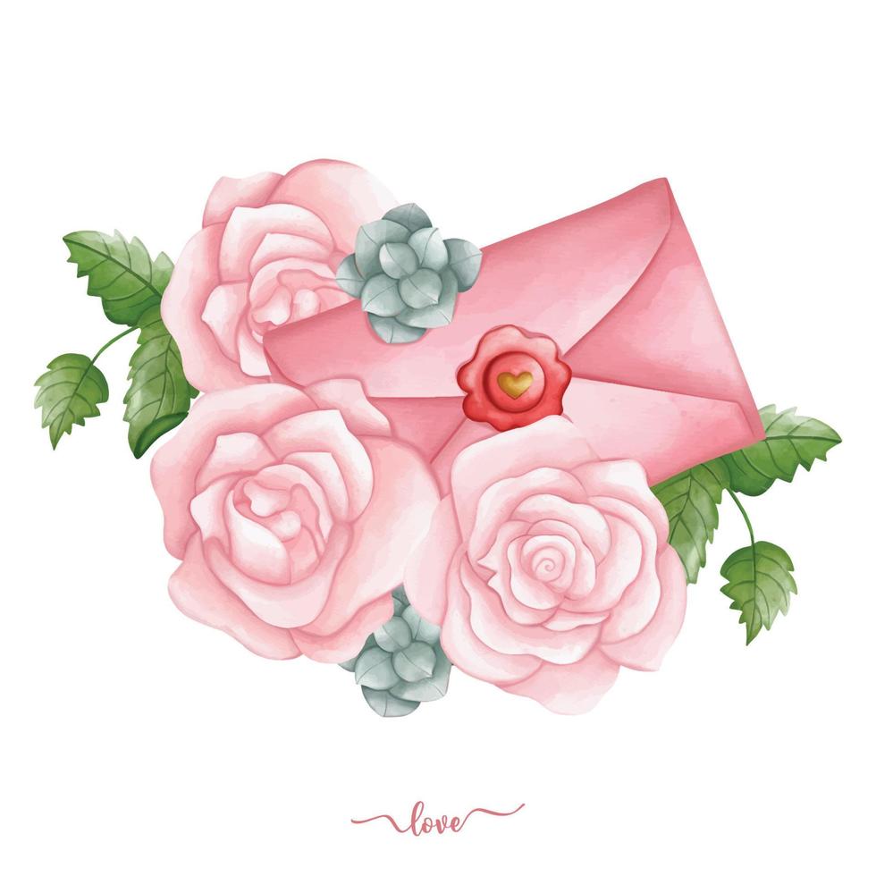 bouquet de rose avec enveloppe illustration dessinée à la main pour la saint valentin vecteur