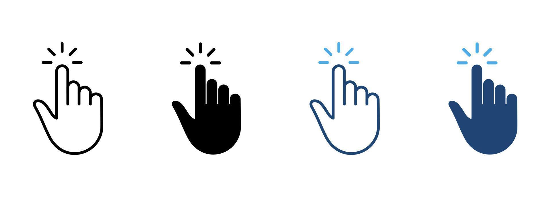 appuyez sur le geste de la ligne de souris d'ordinateur et de l'ensemble d'icônes de couleur de silhouette. pictogramme du curseur du doigt de la main. pointeur cliquez deux fois sur la collection de symboles de point de balayage tactile. illustration vectorielle isolée. vecteur