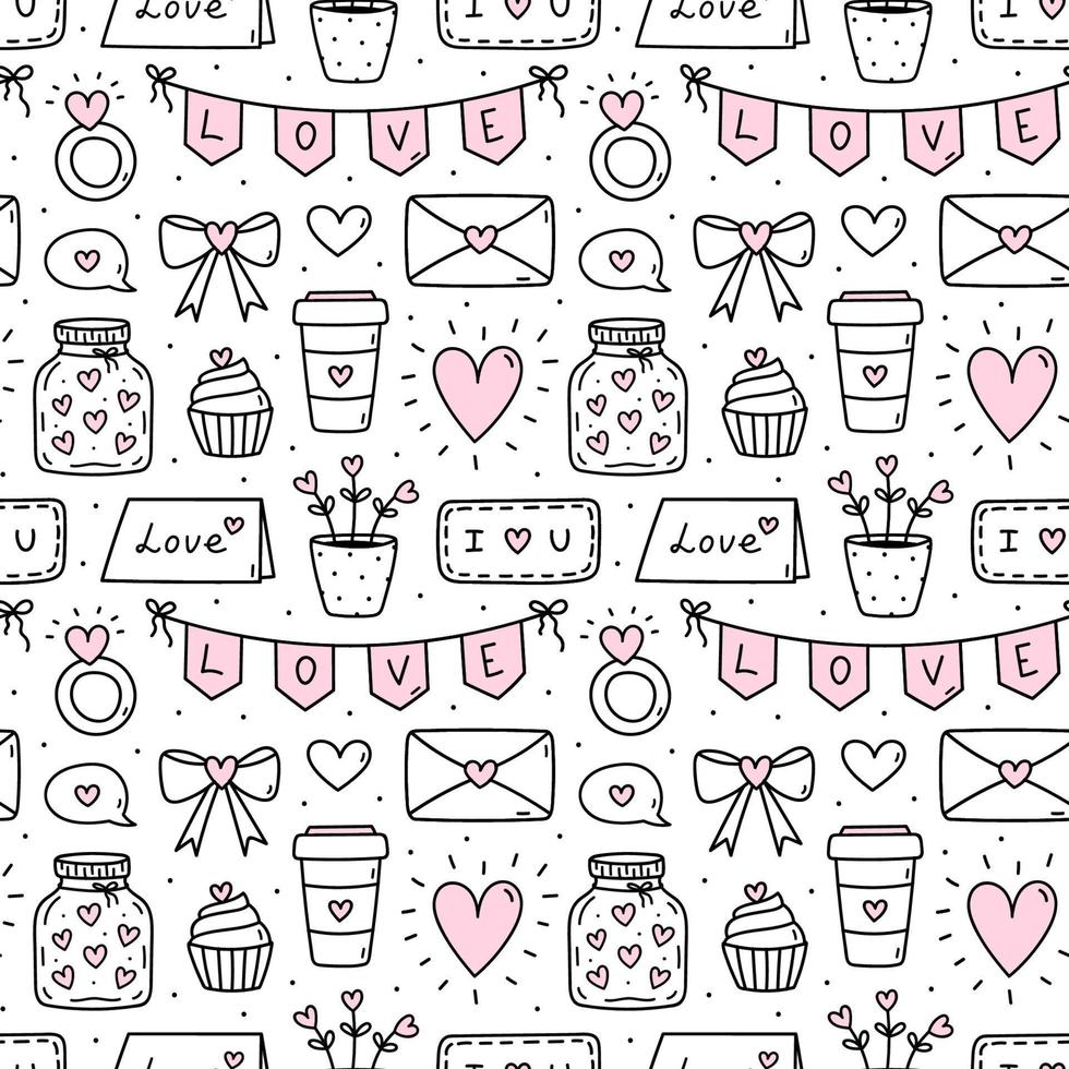 joli motif harmonieux pour la saint-valentin avec coeurs, guirlande, bague, arcs, lettres d'amour et enveloppes. illustration vectorielle de doodle dessinés à la main. parfait pour les conceptions de vacances, l'impression, les décorations. vecteur