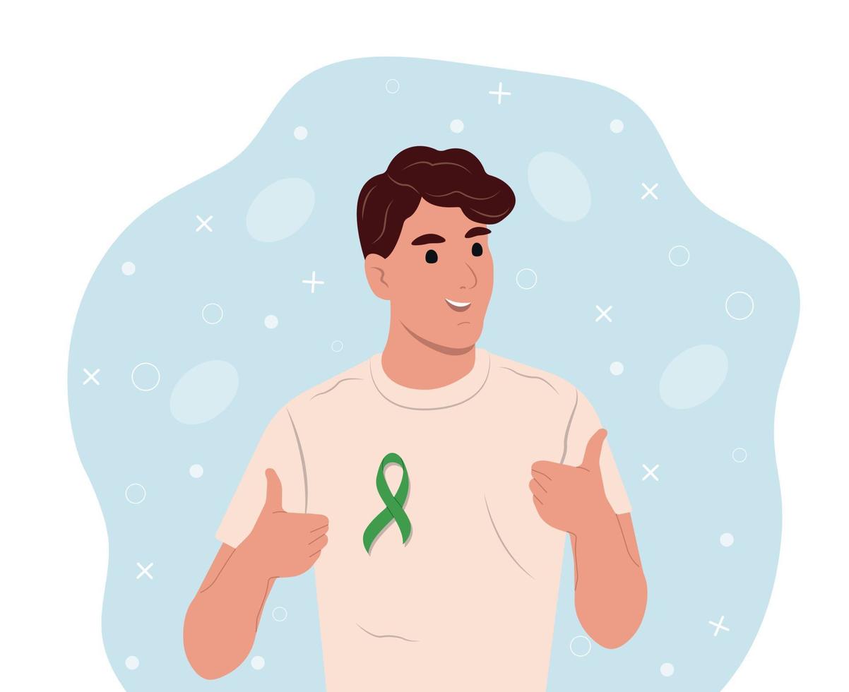 concept de santé mentale psychologie.un homme avec un ruban vert sur sa poitrine. illustration vectorielle plane vecteur