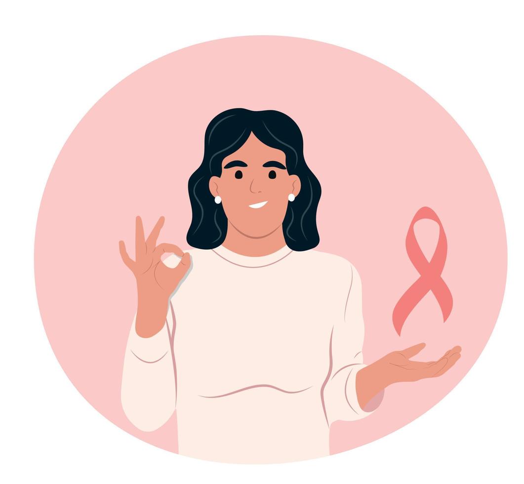 affiche du mois de sensibilisation au cancer du sein. heureuse jeune femme positive montrant un geste. j'ai vaincu le cancer. illustration vectorielle plane vecteur