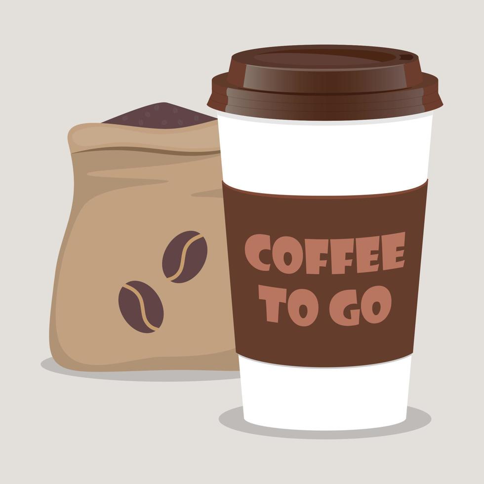 tasse à café à emporter, réaliste et sac avec des grains de café. café pour aller lettrage. gros plan de café à emporter avec capuchon marron et porte-gobelet. illustration vectorielle pour café, bon, modèle de flyer. vecteur