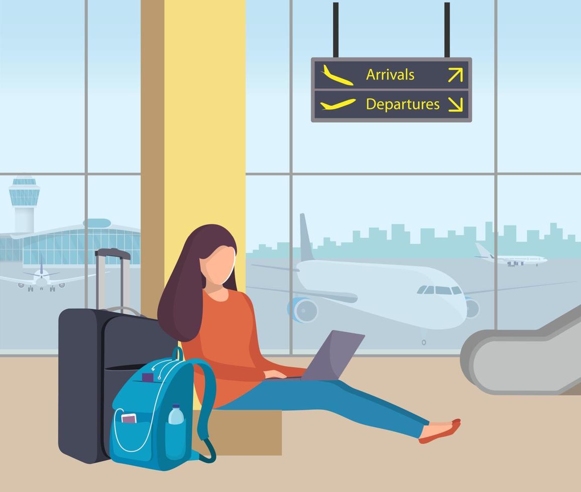 jeune femme assise dans le salon de l'aéroport avec sa valise et son sac à dos et travaillant sur un ordinateur portable. passagère à l'aéroport. avions et tour de contrôle à l'extérieur de la fenêtre. illustration vectorielle plane. vecteur