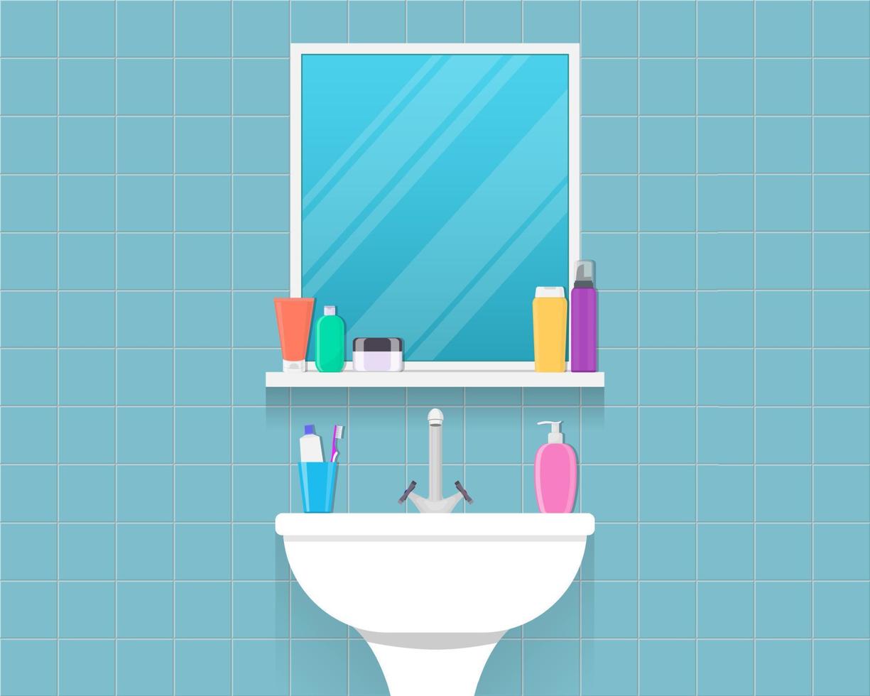 lavabo avec miroir, flacons cosmétiques, pot de crème, savon liquide, dentifrice et brosse à dents. partie de l'intérieur de la salle de bain. illustration vectorielle de style plat. vecteur