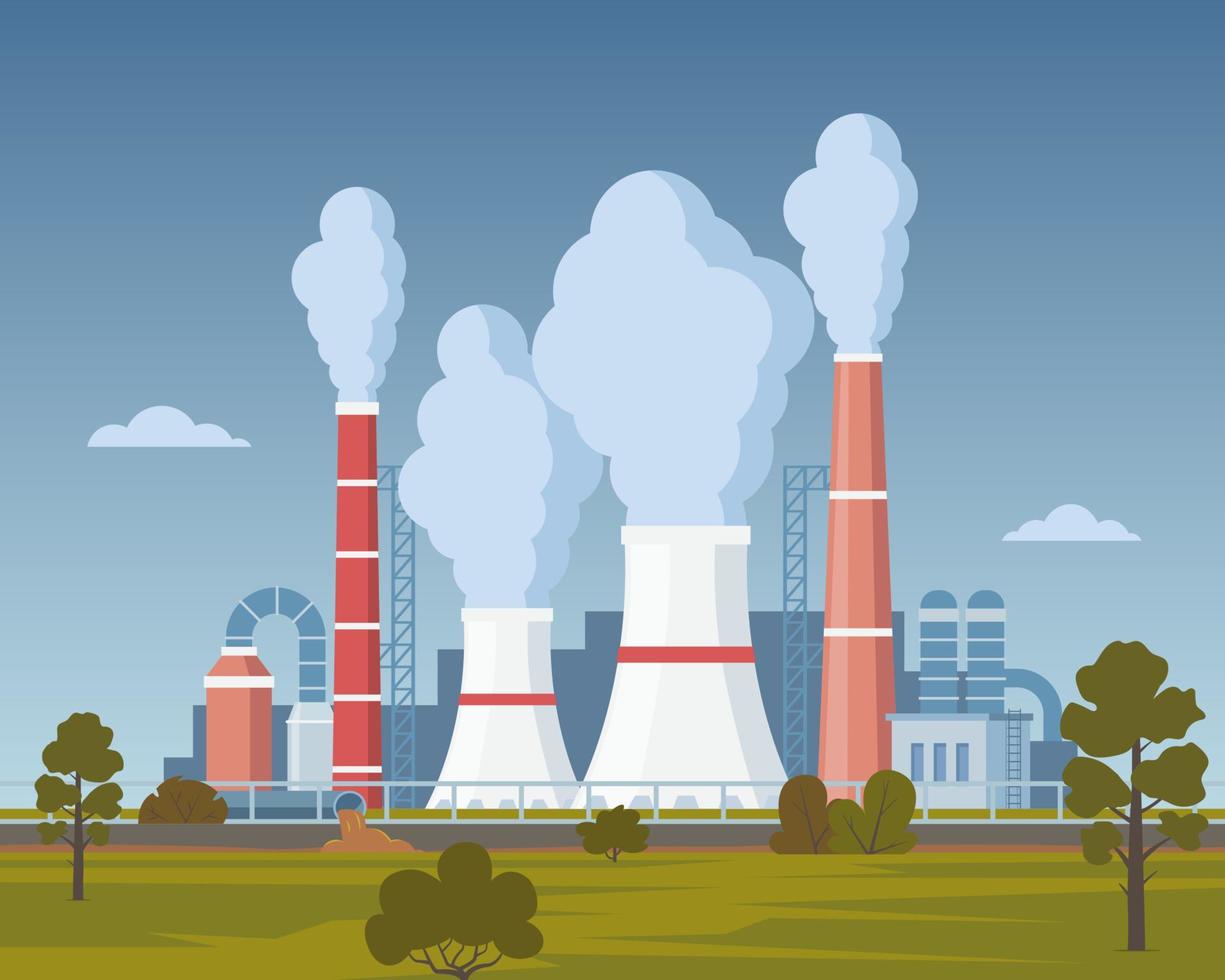 usine d'usine très polluante avec des tours de fumage et des tuyaux. émissions de dioxyde de carbone. pollution de l'environnement. illustration vectorielle de style plat. vecteur