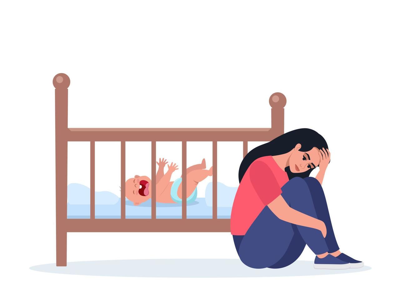 femme en dépression post-partum, épuisée et stressée. maman malheureuse à côté du berceau du nouveau-né. un petit enfant pleure de façon hystérique et tire les poignées. illustration vectorielle. vecteur