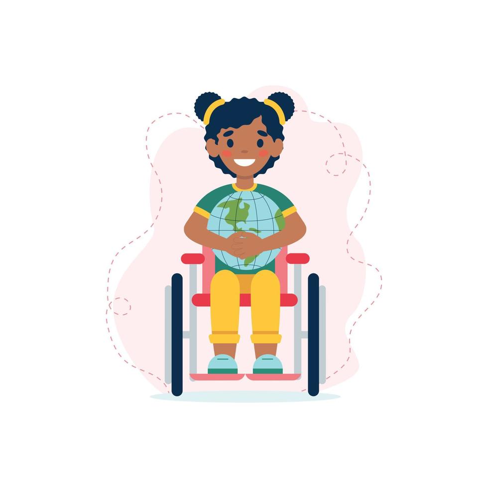 jolie fille noire souriante en fauteuil roulant tenant un globe. concept d'éducation, d'adaptation sociale, de déplacement des personnes handicapées. opportunités égales. inclusivité. illustration vectorielle vecteur