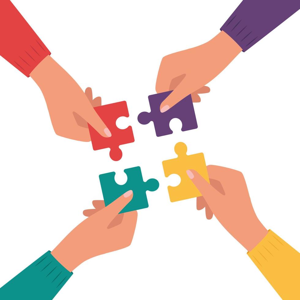 quatre mains rassemblant des pièces de puzzle multicolores. travail d'équipe, coopération, entreprise, solution, concept de travail. illustration vectorielle. vecteur