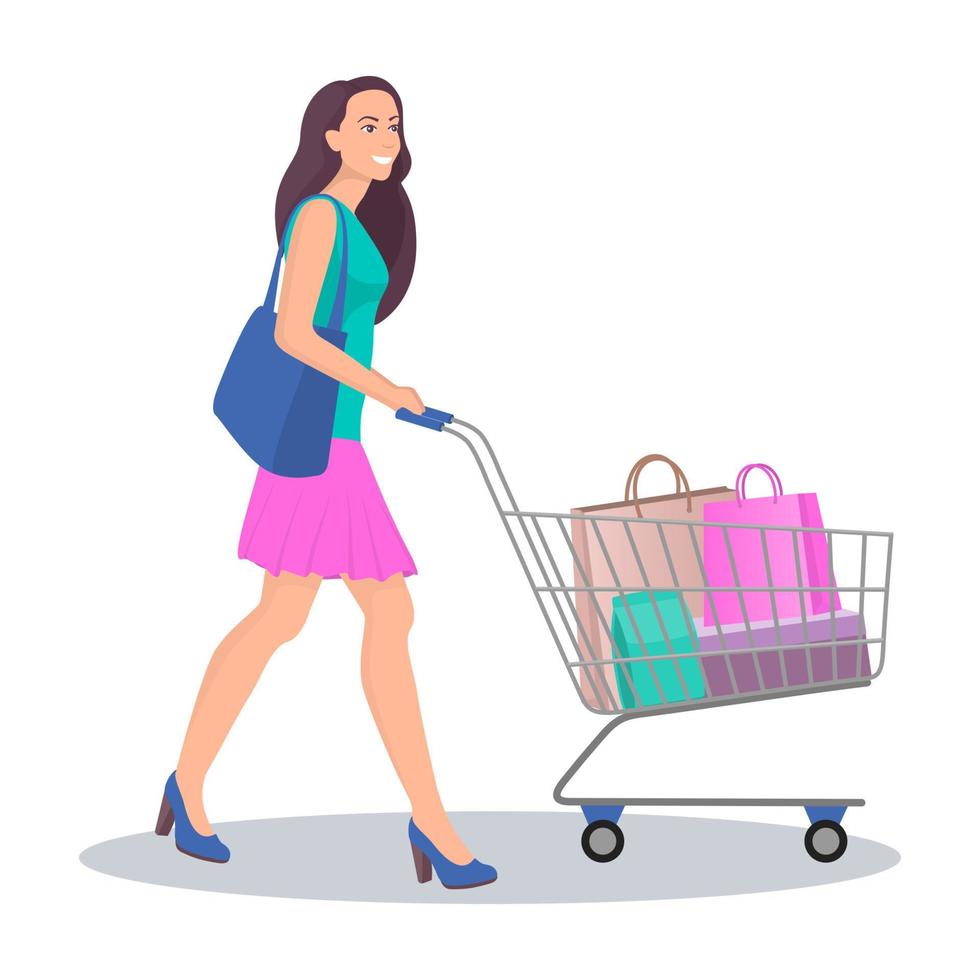 belle jeune femme avec panier rempli de colis avec achats. femme souriante heureuse faire du shopping. illustration vectorielle dans un style plat, isolé sur blanc. vecteur