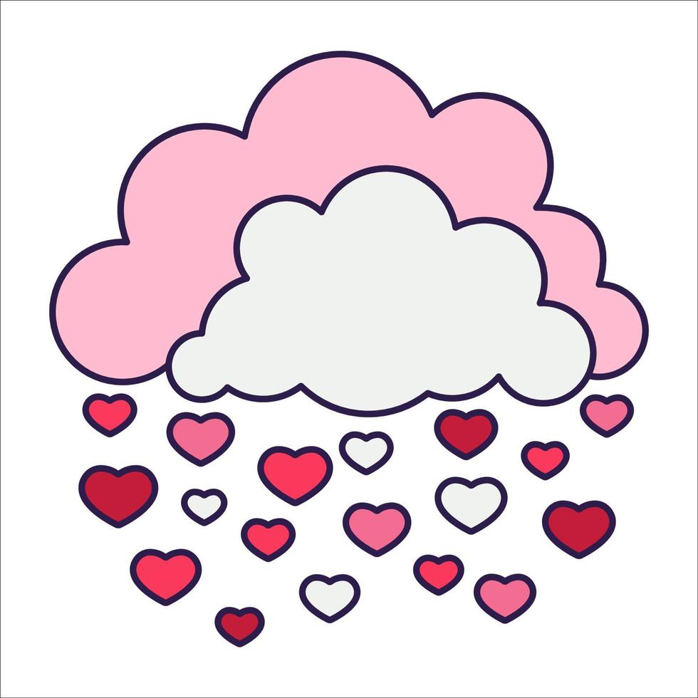 nuages d'icône rétro saint valentin avec des coeurs. symbole d'amour dans le style d'art en ligne pop à la mode. le joli nuage est de couleur rose tendre, rouge et corail. illustration vectorielle isolée sur blanc. vecteur