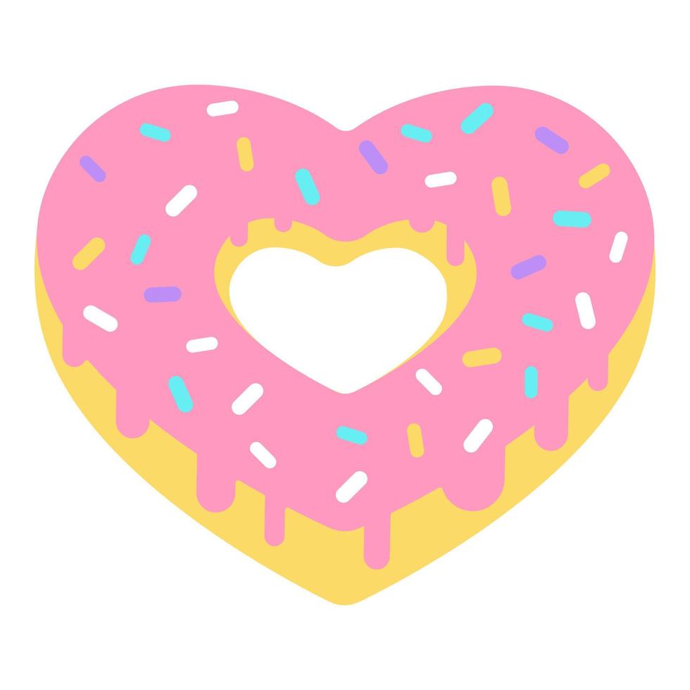 dessin animé saint valentin icône beignet en forme de coeur. symbole d'amour dans le style pop à la mode. les coeurs en chocolat doux sont de couleur rose tendre, jaune. illustration vectorielle isolée vecteur
