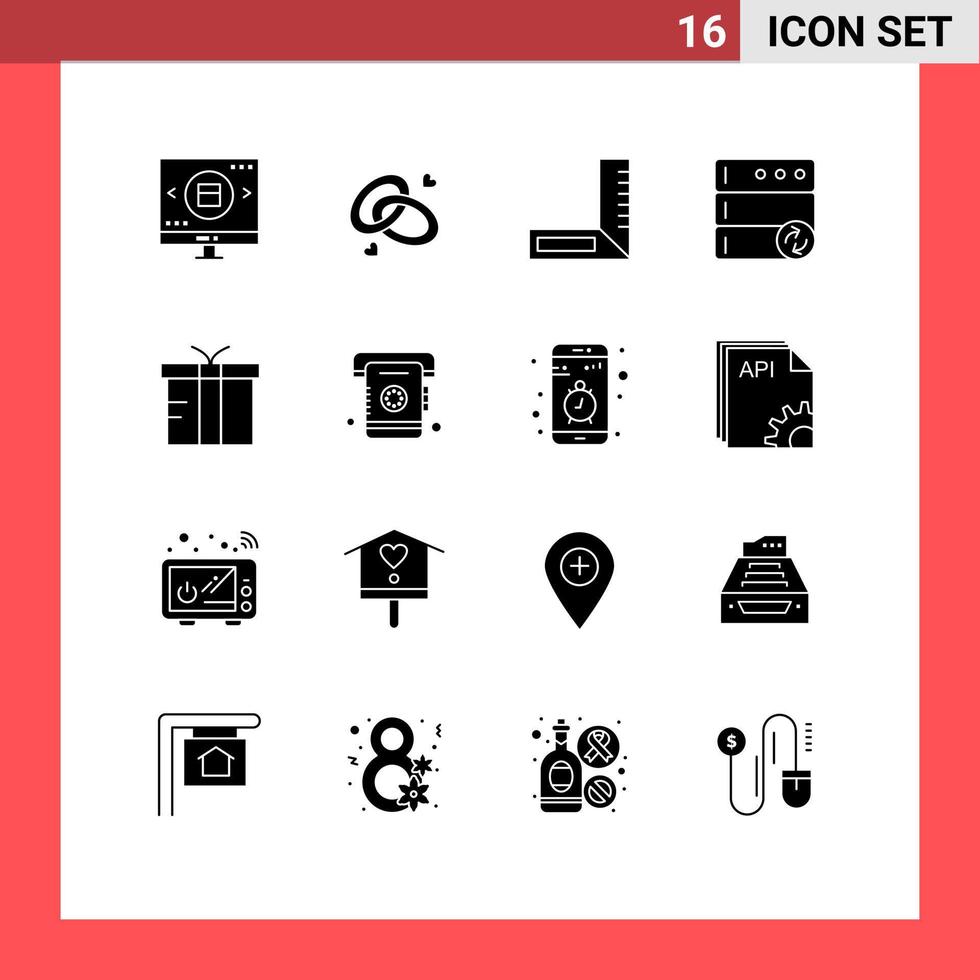 16 ensemble de glyphes solides universels pour les applications Web et mobiles Synchronisation logistique Engagment Ring Server Engineering Éléments de conception vectoriels modifiables vecteur