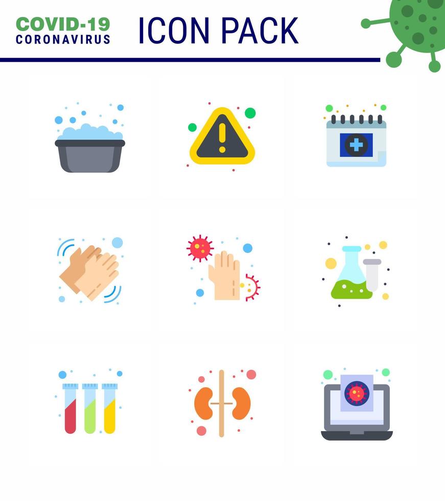 ensemble d'icônes covid19 pour l'infographie 9 pack de couleurs plates comme le rendez-vous sec covid se laver les mains coronavirus viral 2019nov éléments de conception de vecteur de maladie