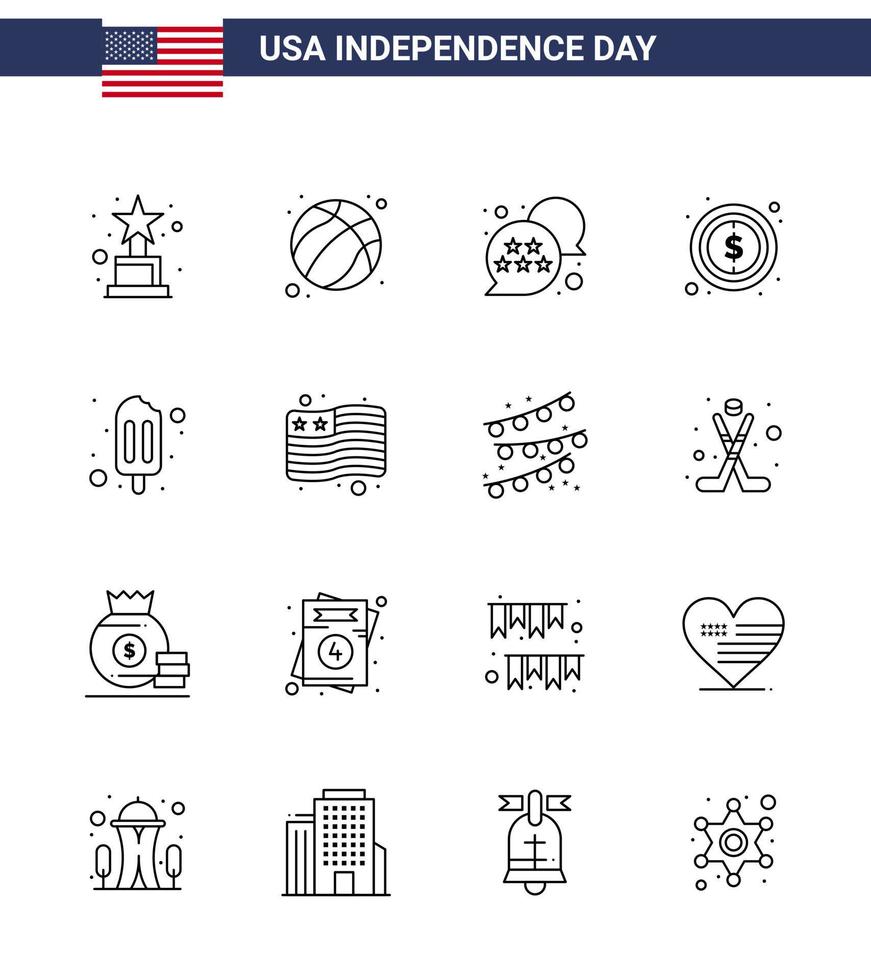 pack de 16 symboles de la fête de l'indépendance des états-unis de crème glacée vecteur