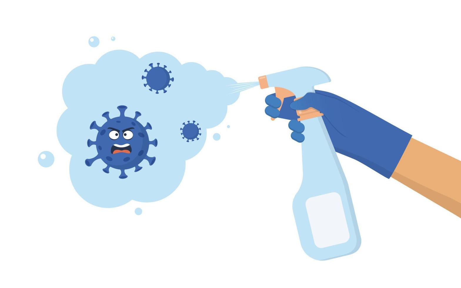 personnage de coronavirus effrayé de pulvériser du désinfectant. la main dans un gant de protection contient un désinfectant en aérosol. combattre covid 19 avec désinfection. illustration vectorielle. vecteur