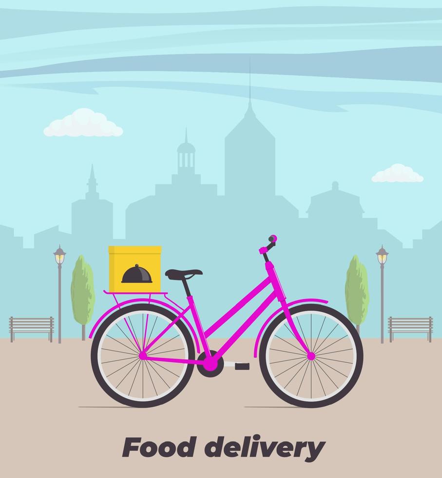 illustration de concept de service de livraison de nourriture. vélo avec boîte à nourriture sur le coffre. grande ville en arrière-plan. illustration plate de vecteur. vecteur