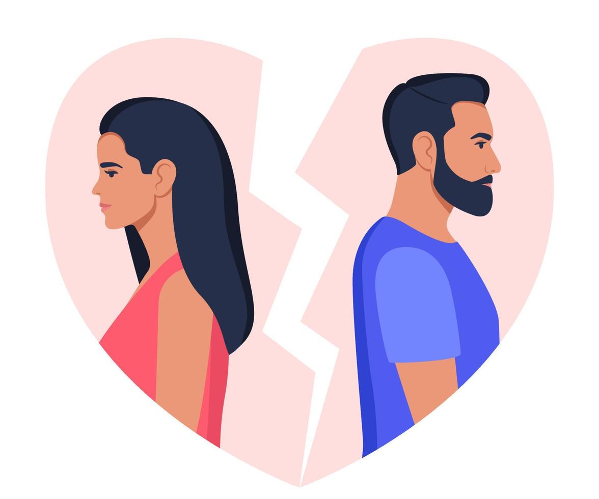 l'homme et la femme se tiennent le dos l'un à l'autre, le cœur brisé en arrière-plan. concept de divorce, malentendu, désaccord, problèmes relationnels. homme et femme dans une querelle, conflit. vecteur. vecteur