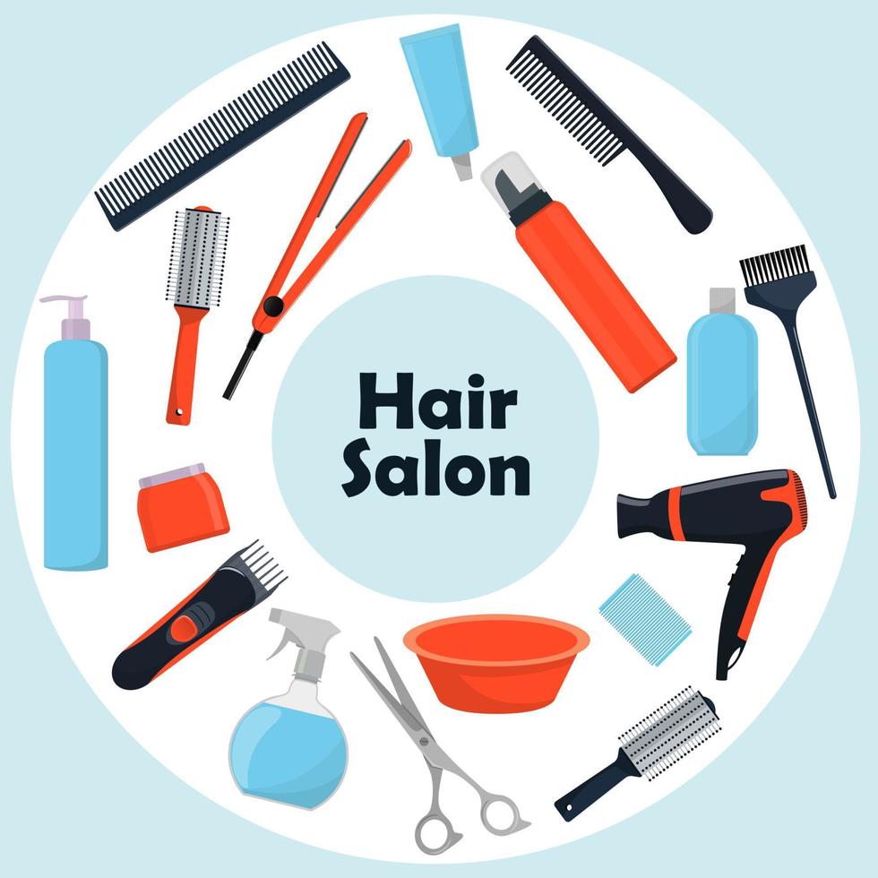 outils et produits cosmétiques pour le soin des cheveux. outils de coiffure professionnels. un ensemble d'éléments pour un salon de beauté. illustration vectorielle dans un style plat. vecteur