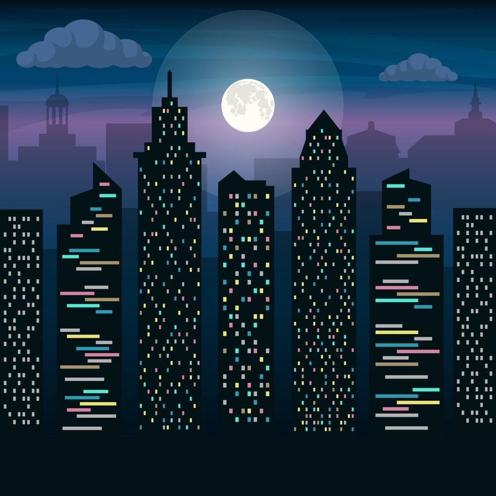 les gratte-ciel de la grande ville au clair de lune. paysage urbain de nuit. illustration plate de vecteur. vecteur