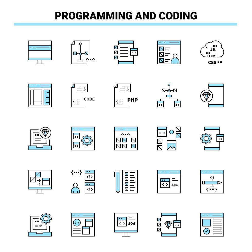 25 programmation et codage jeu d'icônes noir et bleu conception d'icônes créatives et modèle de logo icône noire créative fond vectoriel