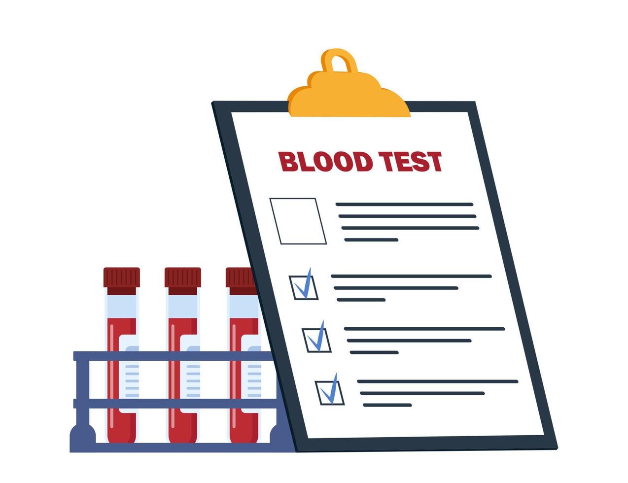 concept de test sanguin médical. analyse de laboratoire chimique, cabinet médical ou laboratoire. sang du patient dans des tubes à essai. document vierge de liste de contrôle d'examen. bannière, dépliant, page de destination. illustration vectorielle. vecteur