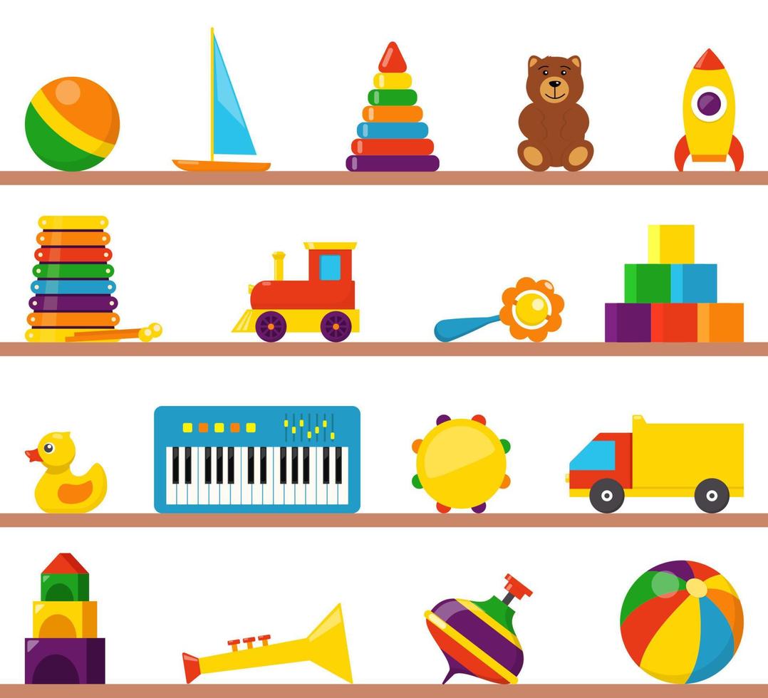 jouets pour enfants colorés sur des étagères en bois. cubes, tourbillon, canard, hochet boule, camion, pyramide, pipe, ours, boule, fusée, tambourin, bateau, accordéon, train, tambour. vecteur de style plat.
