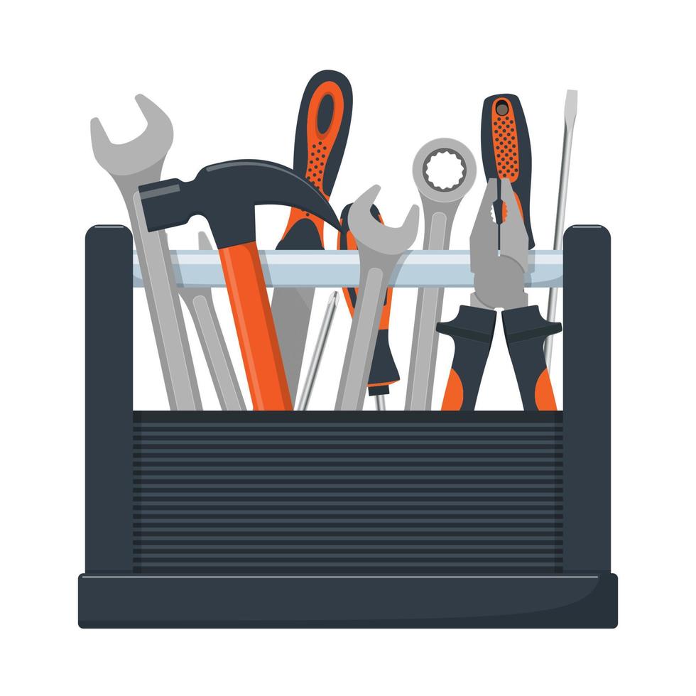 boîte à outils avec collection d'outils de menuiserie, de mécanique, de serrurier. clé, tournevis, marteau, râpe, pinces. illustration vectorielle, isolée. vecteur