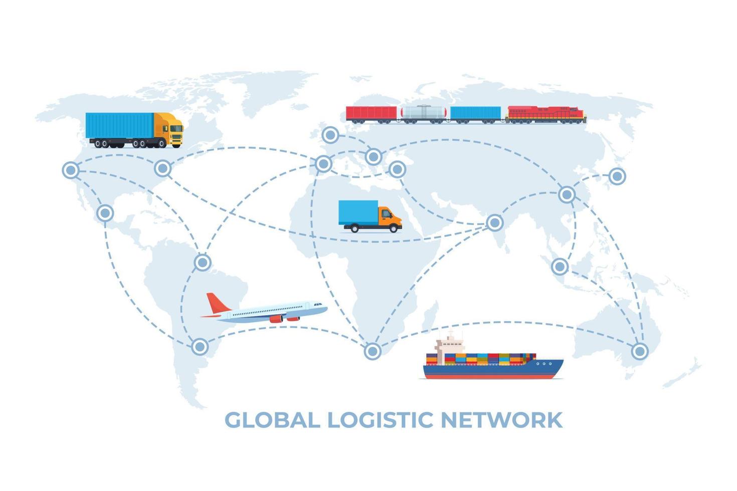 concept de transport logistique de fret. réseau logistique mondial. avion cargo, bateau, train, transport par camion sur fond de carte du monde. Importer / Exporter. transport mondial de marchandises. vecteur. vecteur