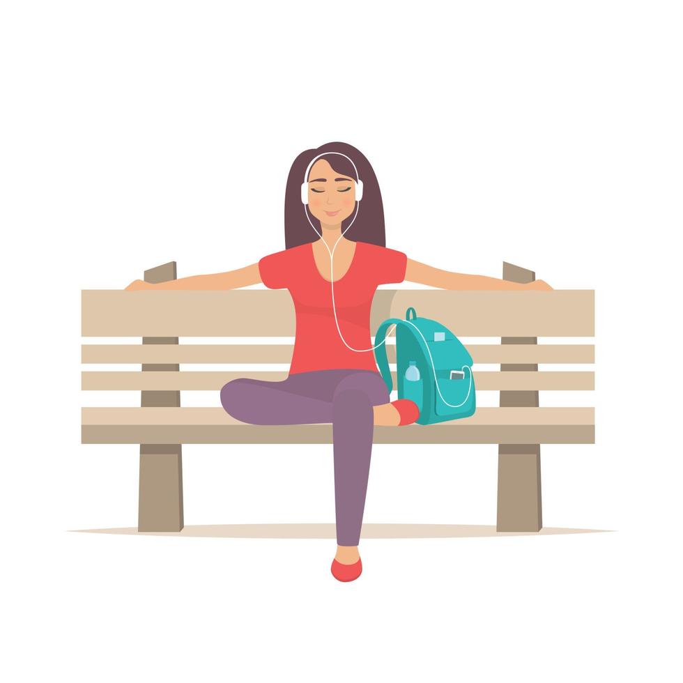 jolie fille assise sur un banc avec un casque et écoutant de la musique. jeune femme écoutant de la musique sur un banc de parc. illustration vectorielle. vecteur